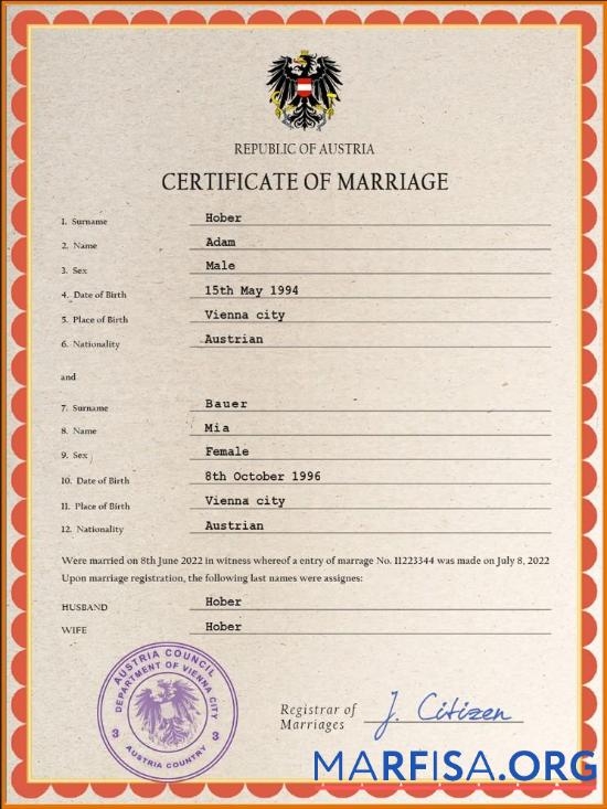 Downloadable Austria marriage certificate PSD template,